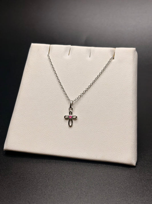 Sterling Silver Pink Enamel Heart Cross Necklace