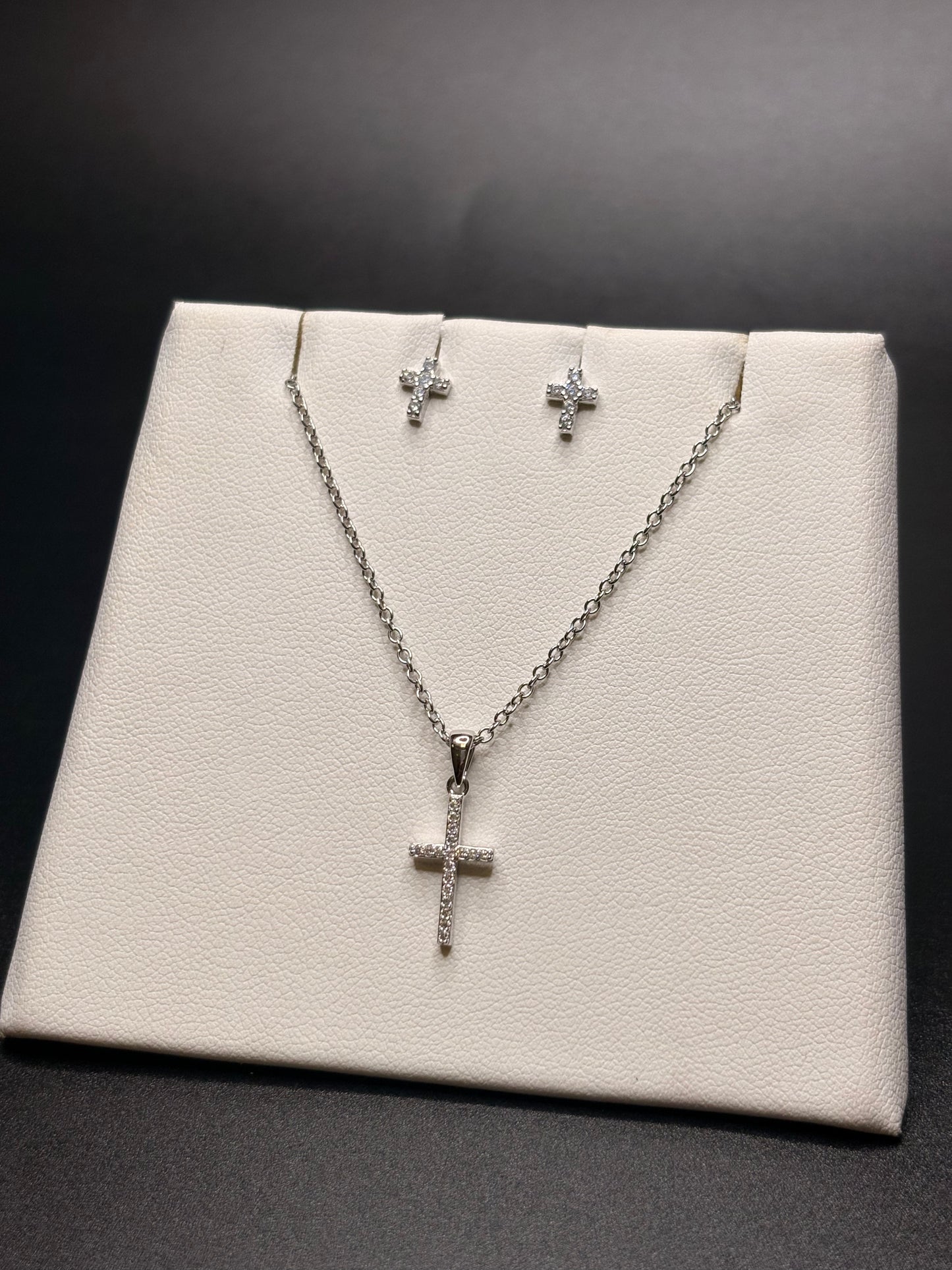 Sterling Silver Cz Cross Girls Studs & Necklace Set