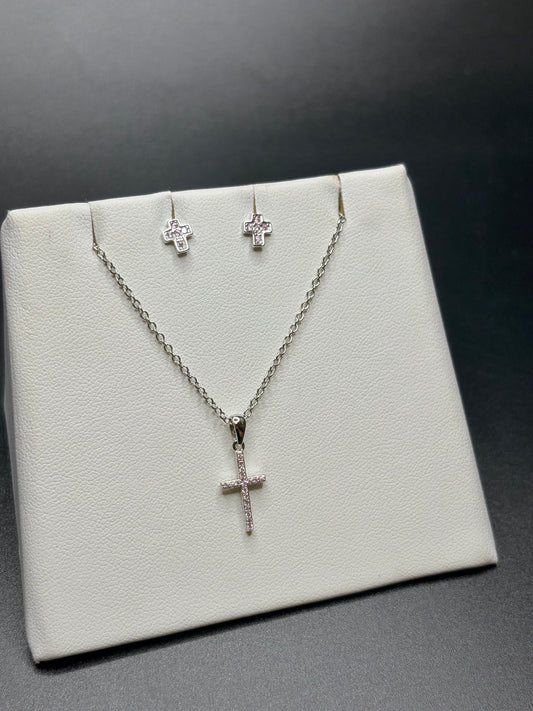 Sterling Silver Pink Cz Cross Studs & Necklace Set