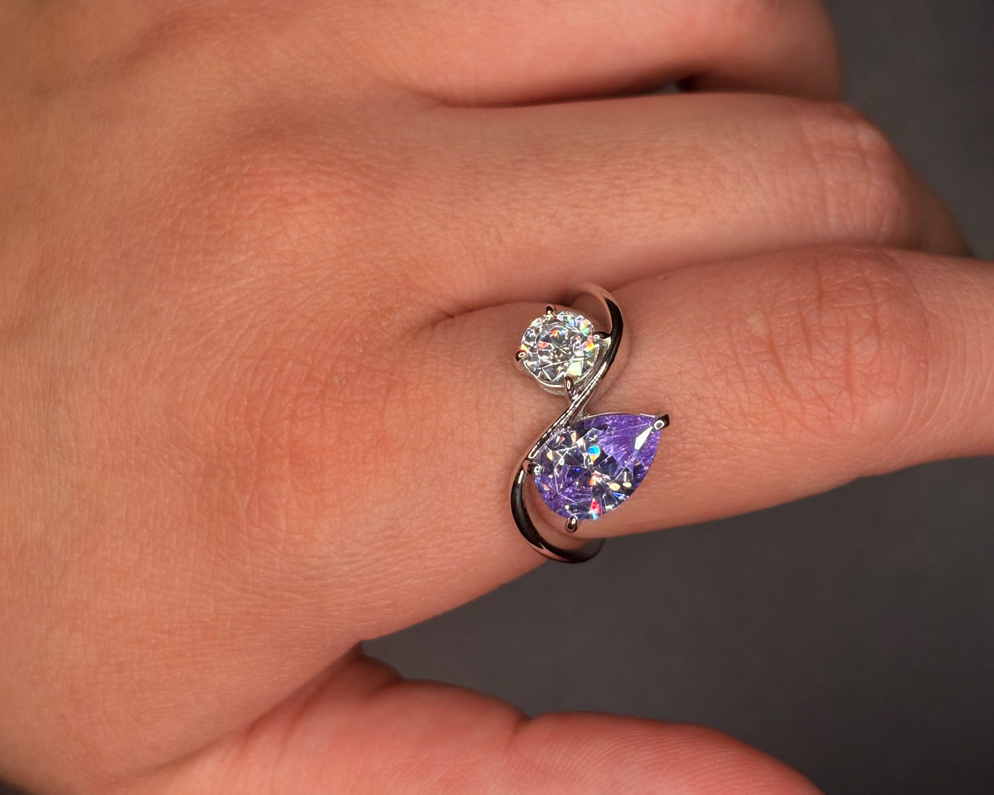 Sterling Silver Cz Amethyst Pear Twist Ring