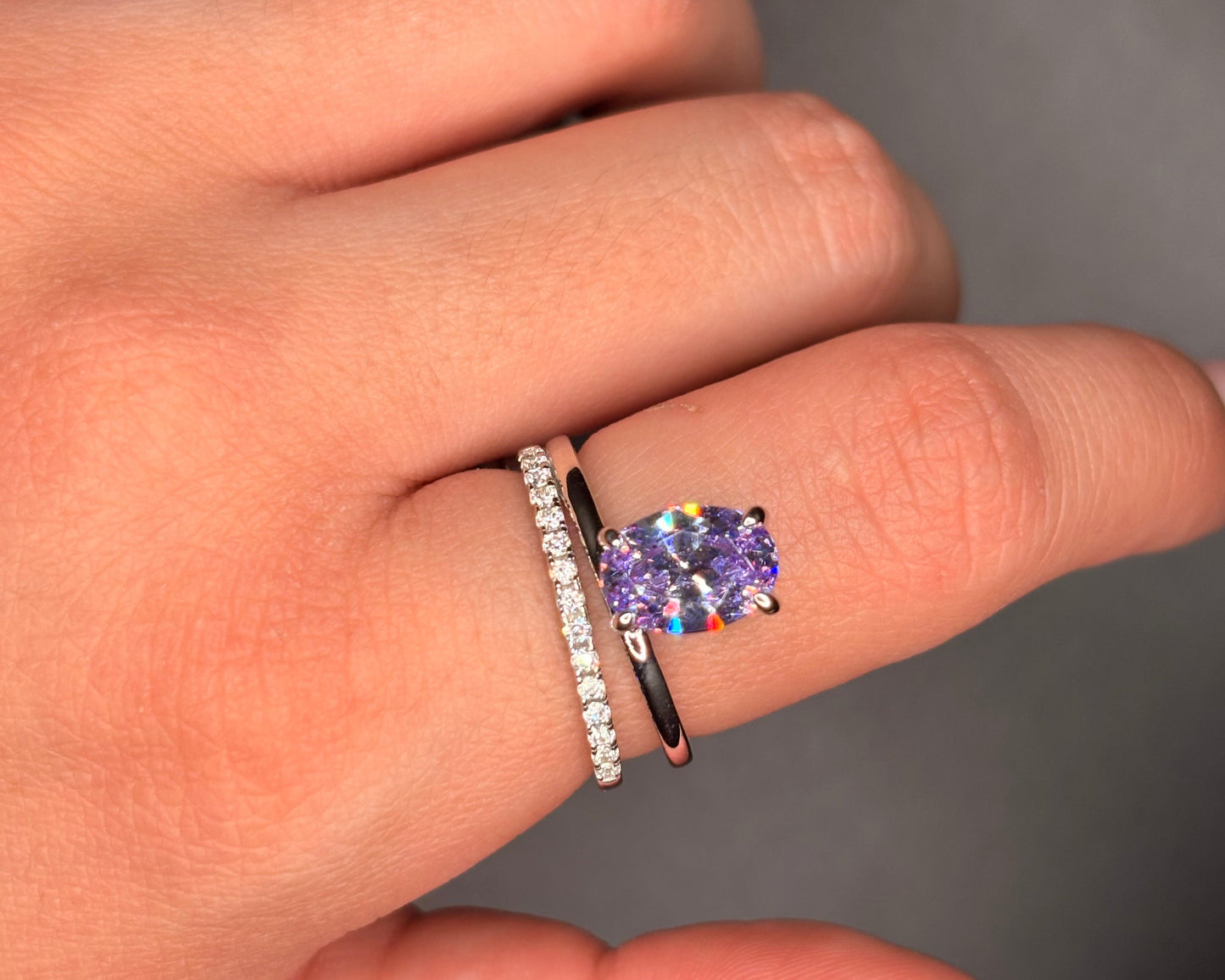 Sterling Silver Oval Amethyst Cz Double Band Ring