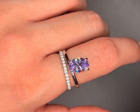 Sterling Silver Oval Amethyst Cz Double Band Ring