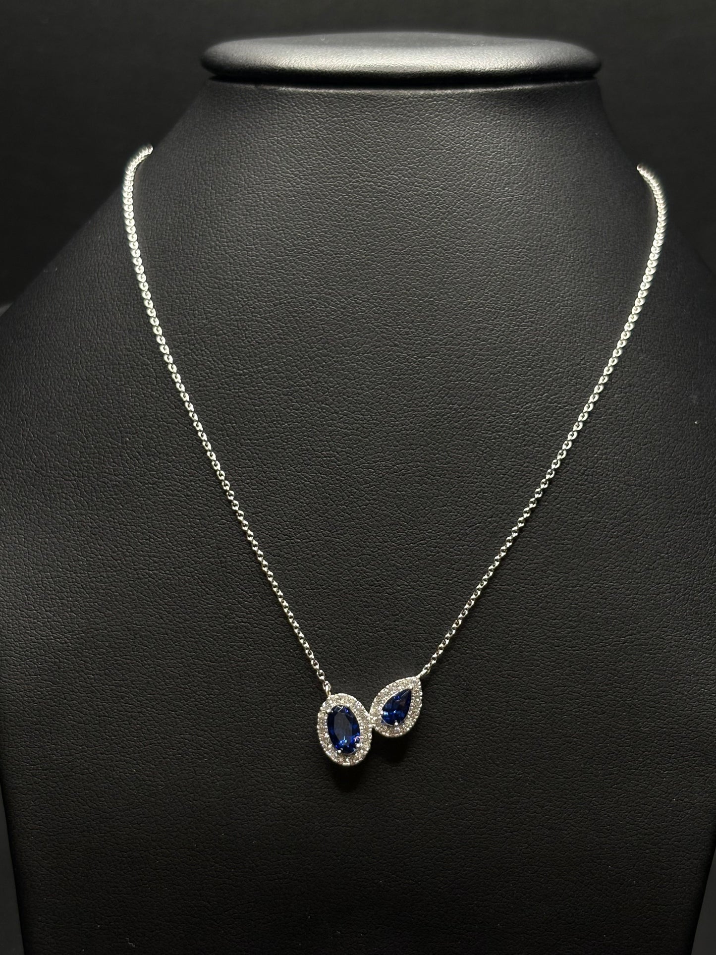 Sterling Silver Blue Sapphire Oval And Pear Cz Necklace