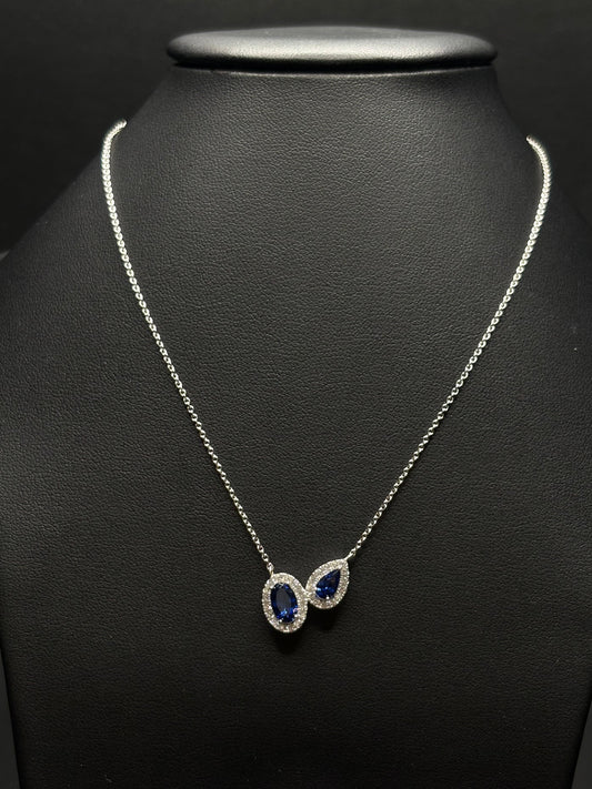 Sterling Silver Blue Sapphire Oval And Pear Cz Necklace