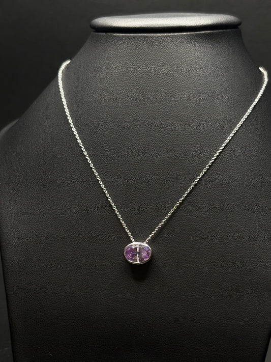 Sterling Silver Amethyst Bezel Cz Necklace