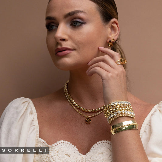 Half Clear Crystal 10k Gold Plated Stretch Bracelet, 7in