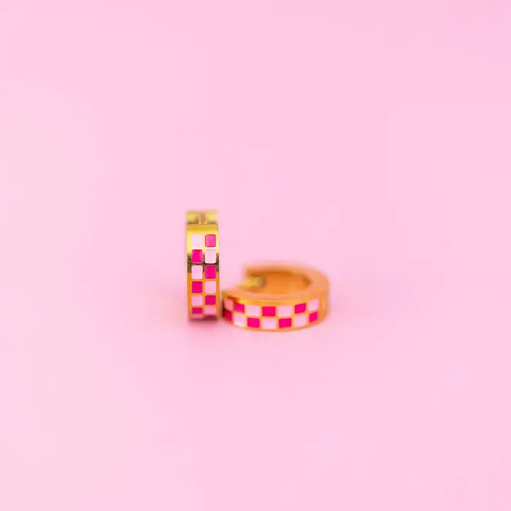 Pink Checkered Chunky Huggie Hoops
