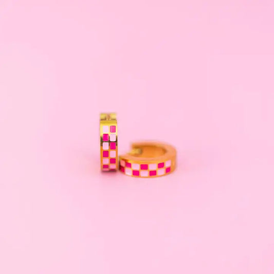 Pink Checkered Chunky Huggie Hoops