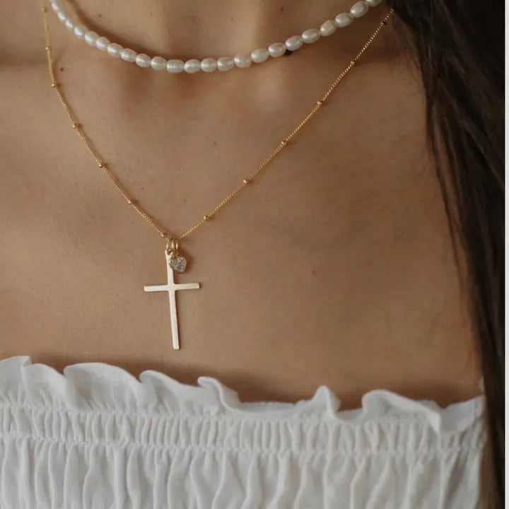 Theresa Charm Religious Cross Necklace Gold Filled with CZ heart