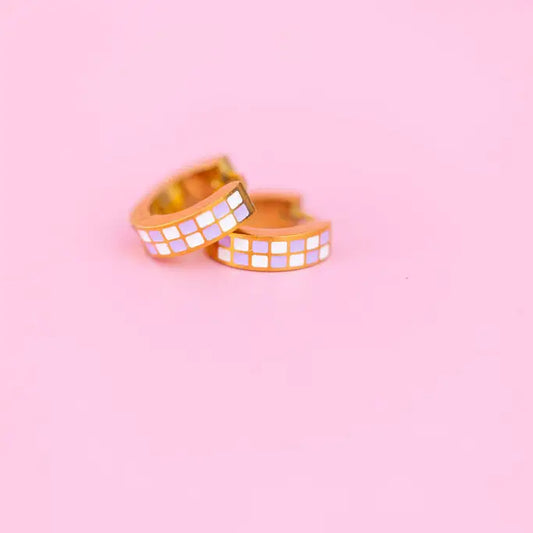 Lavender Checkered Chunky Huggie Hoops