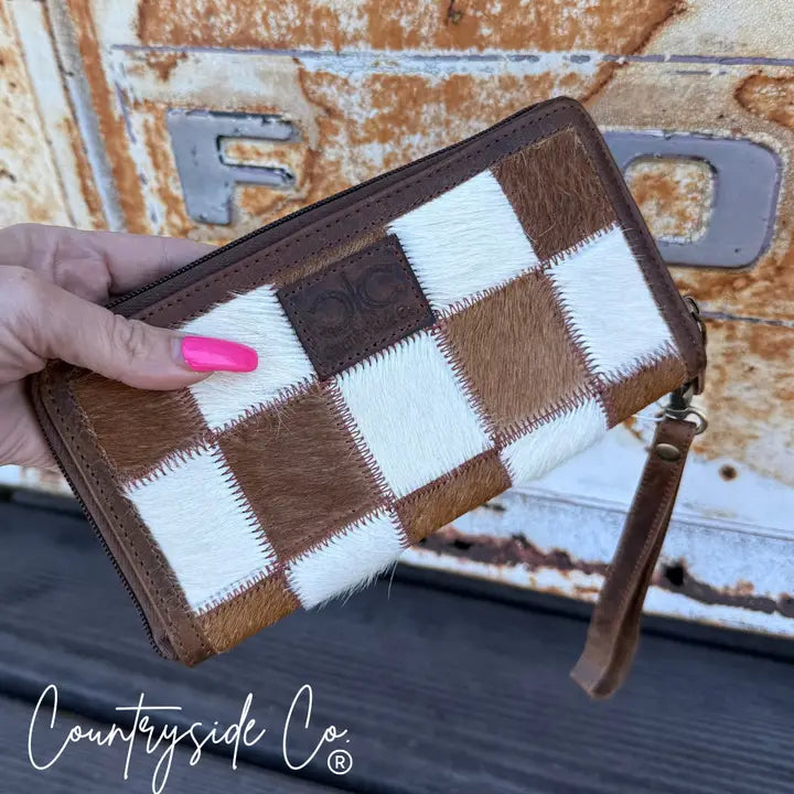 Checkered Cowhide Womens Wallet Wristlet Brown