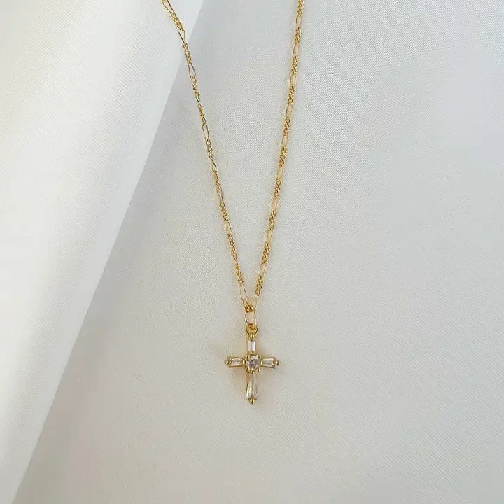 Petite Cz Cross Pendant Necklace Gold Filled